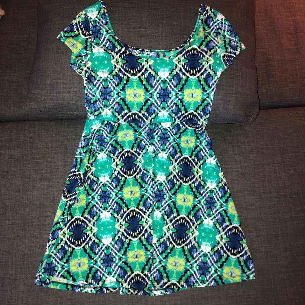 Blue, Emerald, & Lime Green Pattern Fit and Flare Mini Dress Sundress Juniors